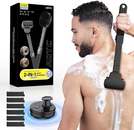 Manual Men'S Back Shaver and Electric Back Scrubber Kit, Back Shaver for Men with Electric Back Scrubber for Shower-Includes 6 Shave Heads, Telescopic Handle, Non-Slip Silicone Sleeve