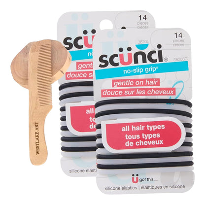 Scunci No Slip Hair Bands, 14-Pack, Black, Ultimate Comfort & Reliable Hold, Bundled with Wooden Comb, Versatile Hair Ties Tiny for Hair Types, & Gentle No Slips Hair Ties [Pack of 2]