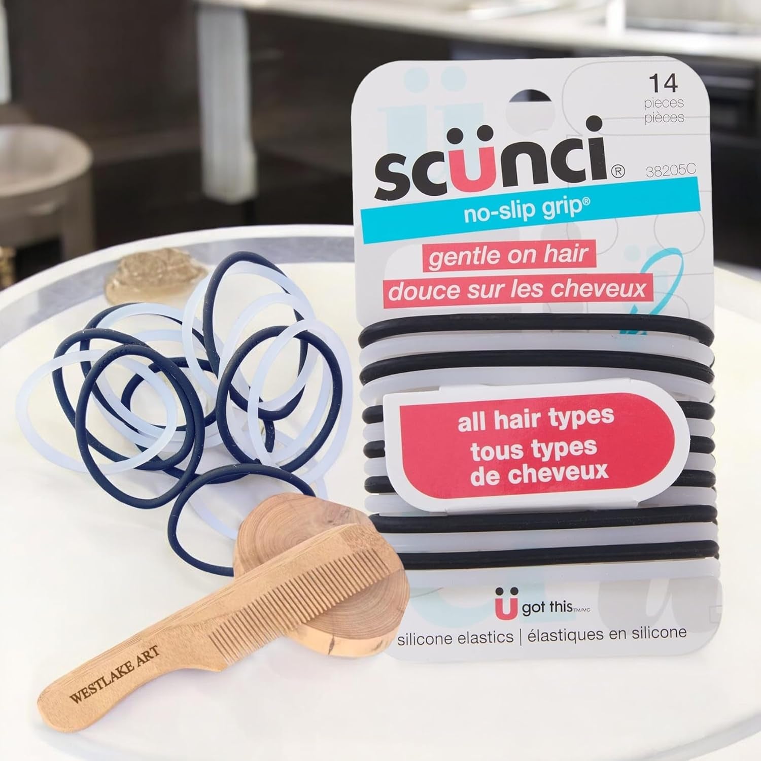 Scunci No Slip Hair Bands, 14-Pack, Black, Ultimate Comfort & Reliable Hold, Bundled with Wooden Comb, Versatile Hair Ties Tiny for Hair Types, & Gentle No Slips Hair Ties [Pack of 2]