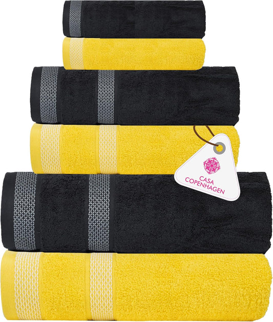 Solitaire Mix 6 Pieces Towel Set- Butter Yellow + Pine Grey, 600 GSM 2Bath Towel 2Hand Towel 2Washcloth, Designed in Denmark Made of Soft Egyptian Cotton for Bathroom, Kitchen & Shower