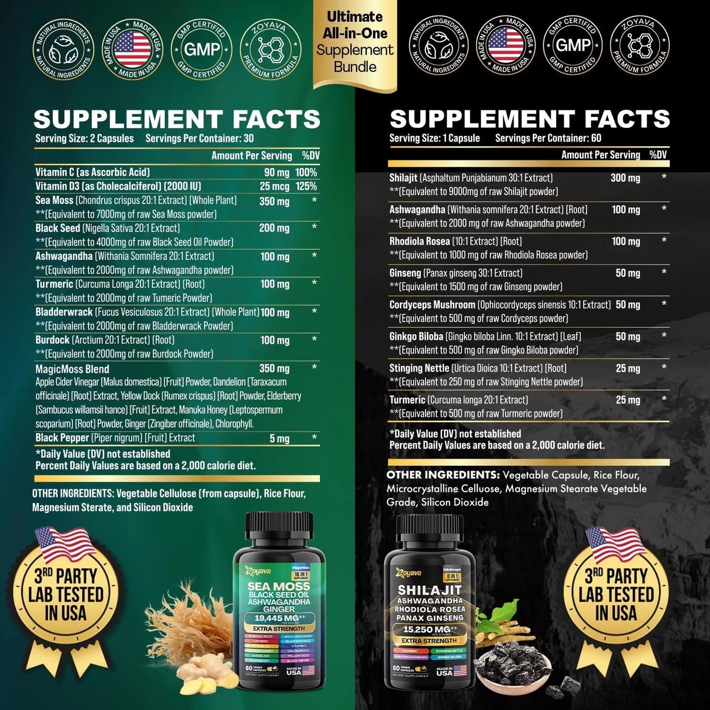 Sea Moss Capsules 16-In-1 19,445 MG (60 Caps) and Shilajit 8-In-1 15,250 MG (60 Caps) Dynamic Vitality Bundle, Ashwagandha, Turmeric, Bladderwrack, Panax Ginseng, Rhodiola Rosea, 24 Ingredients