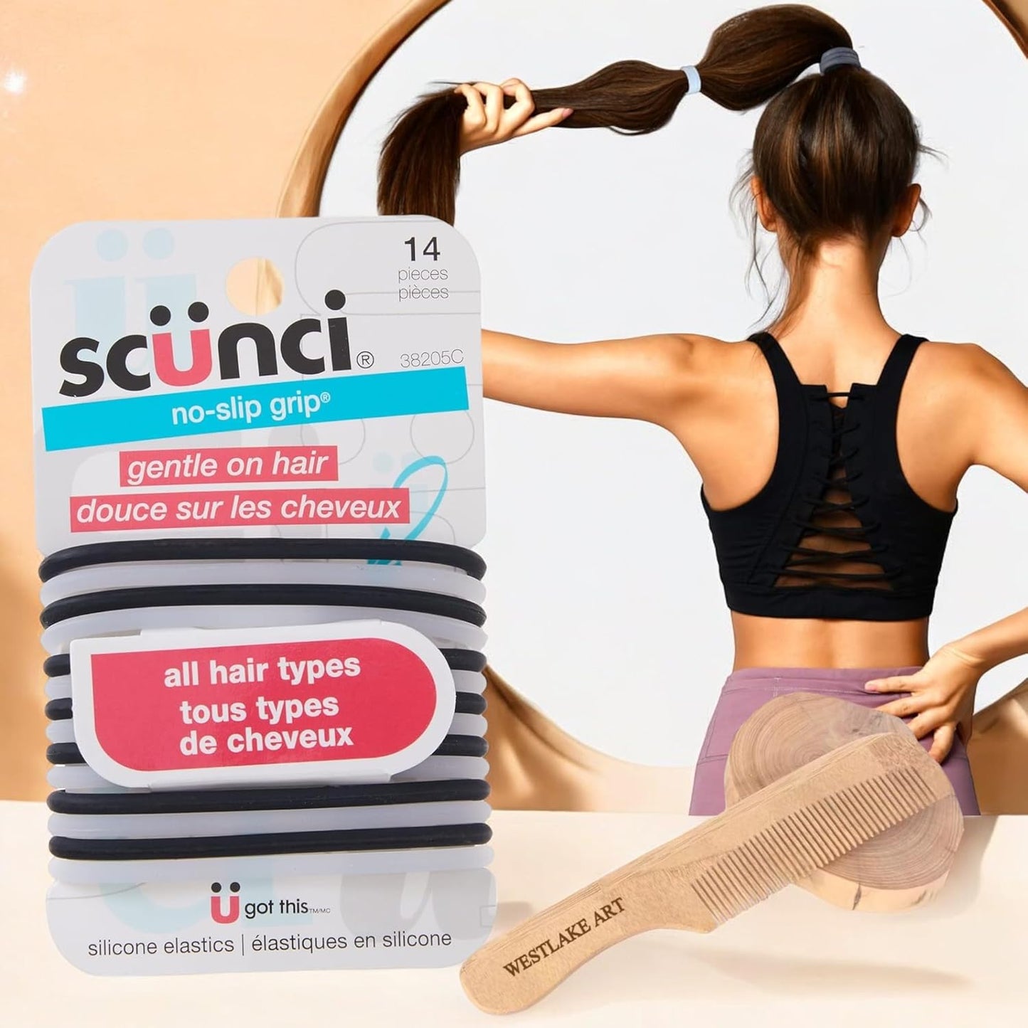 Scunci No Slip Hair Bands, 14-Pack, Black, Ultimate Comfort & Reliable Hold, Bundled with Wooden Comb, Versatile Hair Ties Tiny for Hair Types, & Gentle No Slips Hair Ties [Pack of 2]