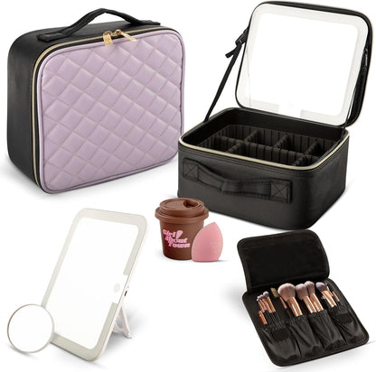 Travel Makeup Bag with LED Mirror - LED Makeup Bag with 10X Magnifier Mirror and Beauty Blender Included - Water-Resistant & Customizable Makeup Case with Lighted Mirror