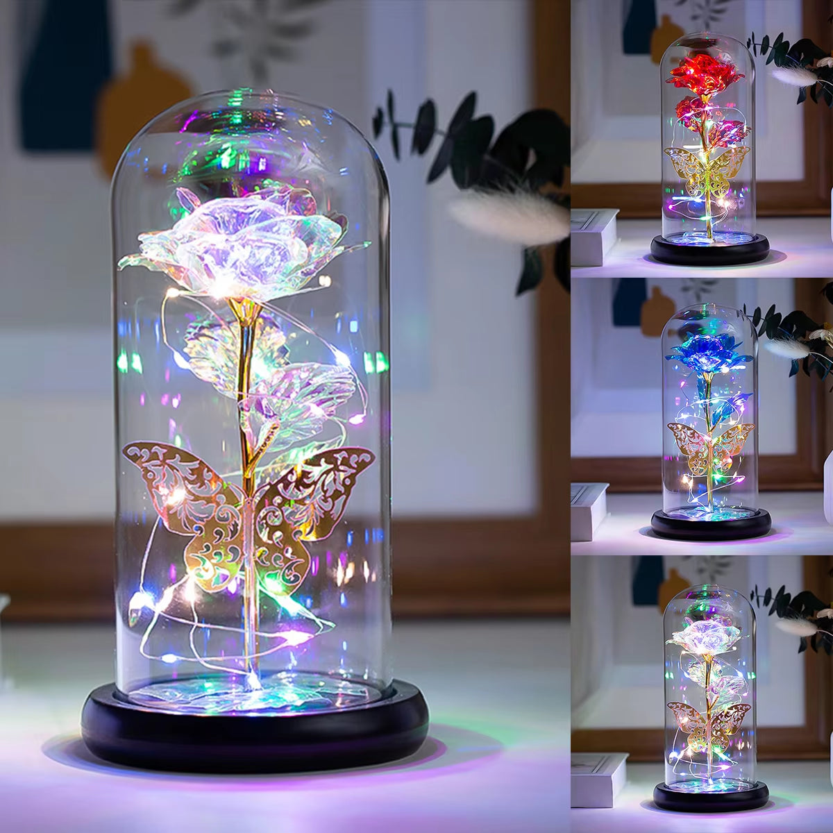 Rose Light Artificial Galaxy Rose Lamp with Butterfly and Colorful LED Rose Flowers in Glass Battery Powered Gifts for Wedding