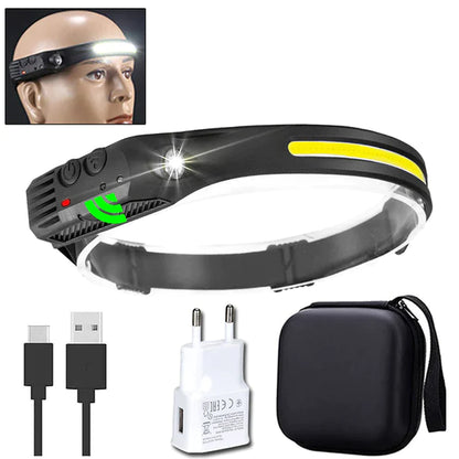 Sensor Headlamp COB LED Head Lamp Flashlight USB Rechargeable Head Torch 5 Lighting Modes Head Light with Built-In Battery